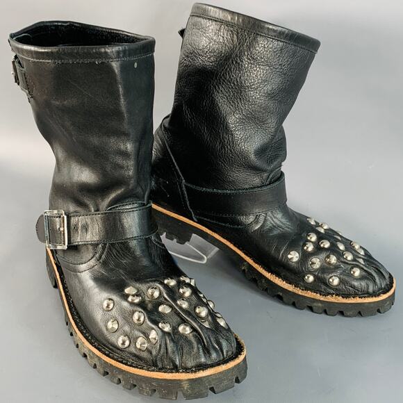 COMME des GARCONS Size 7 Black Leather Studded Pull On Engineer Boots - Picture 1 of 10